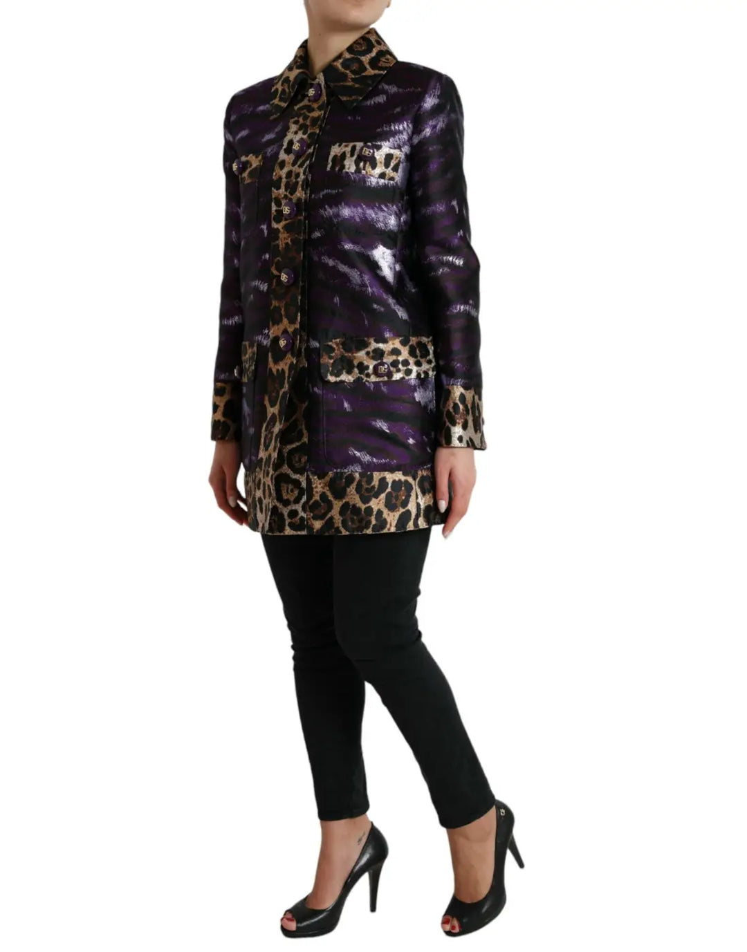 Dolce &amp; Gabbana Purple Lamé Jacquard Tiger Print Coat Jacket