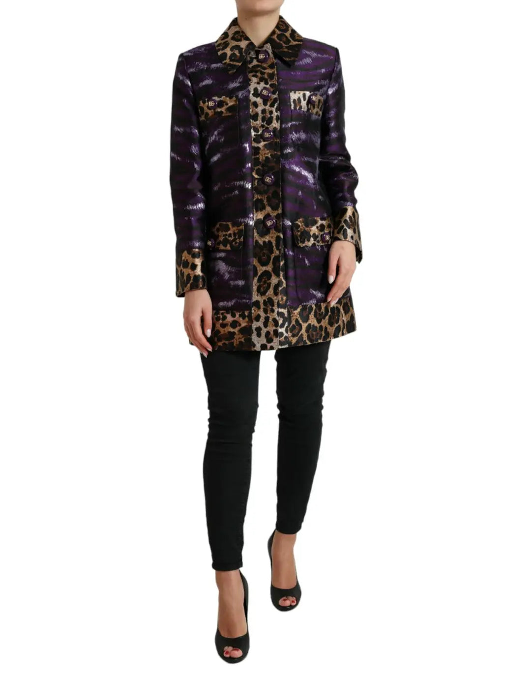 Dolce &amp; Gabbana Purple Lamé Jacquard Tiger Print Coat Jacket