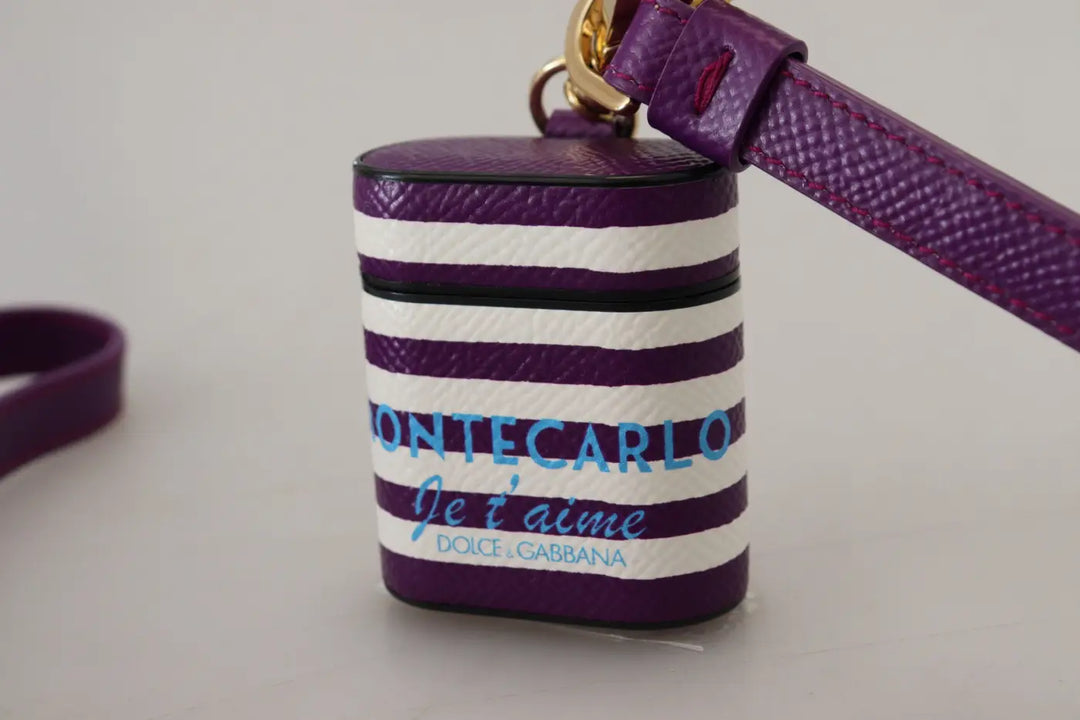 Dolce &amp; Gabbana Purple Leather Strap Gold Metal Logo Airpods Case