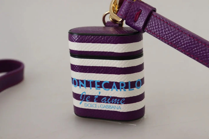 Dolce &amp; Gabbana Purple Leather Strap Gold Metal Logo Airpods Case