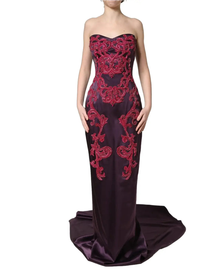 Dolce &amp; Gabbana Purple Silk Crystal Strapless Floor Length Gown Dress