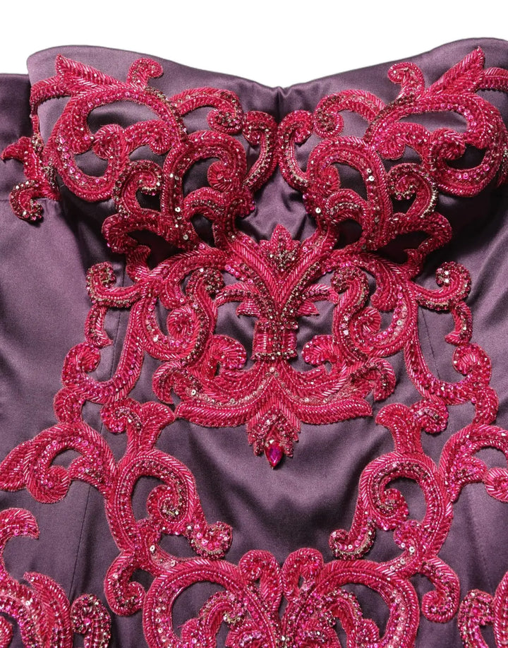 Dolce &amp; Gabbana Purple Silk Crystal Strapless Floor Length Gown Dress