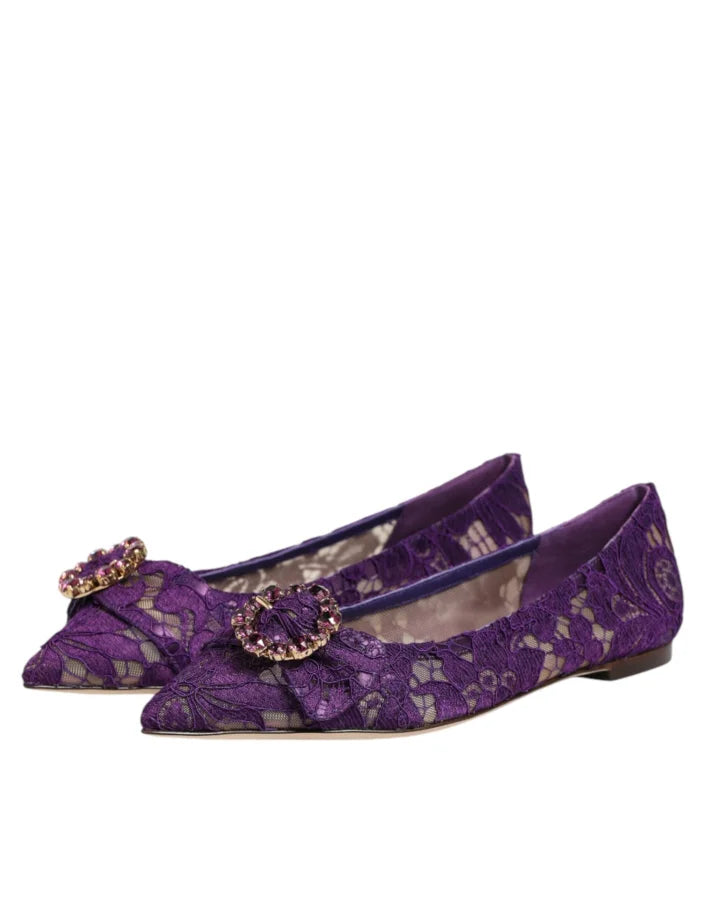 Dolce &amp; Gabbana Purple Taormina Lace Crystals Flats Shoes