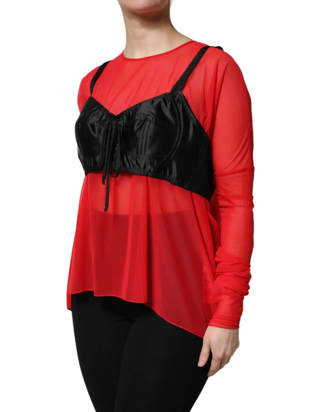 Dolce &amp; Gabbana Red Black Bustier Detailing Long Sleeves Top