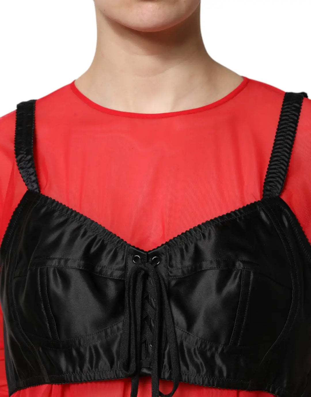 Dolce &amp; Gabbana Red Black Bustier Detailing Long Sleeves Top