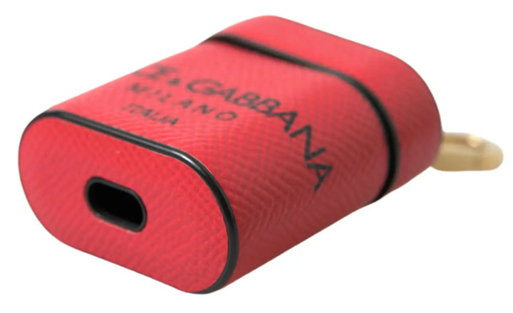 Dolce &amp; Gabbana Red Black Calf Leather Logo Print Strap Airpods Case