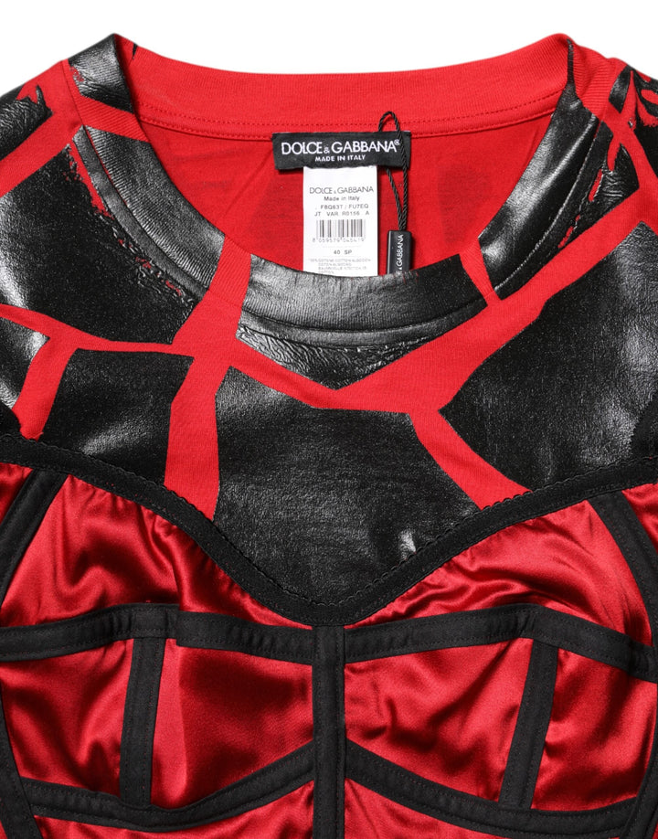 Dolce &amp; Gabbana - Red Black Cotton Bustier Detailing Cropped Top