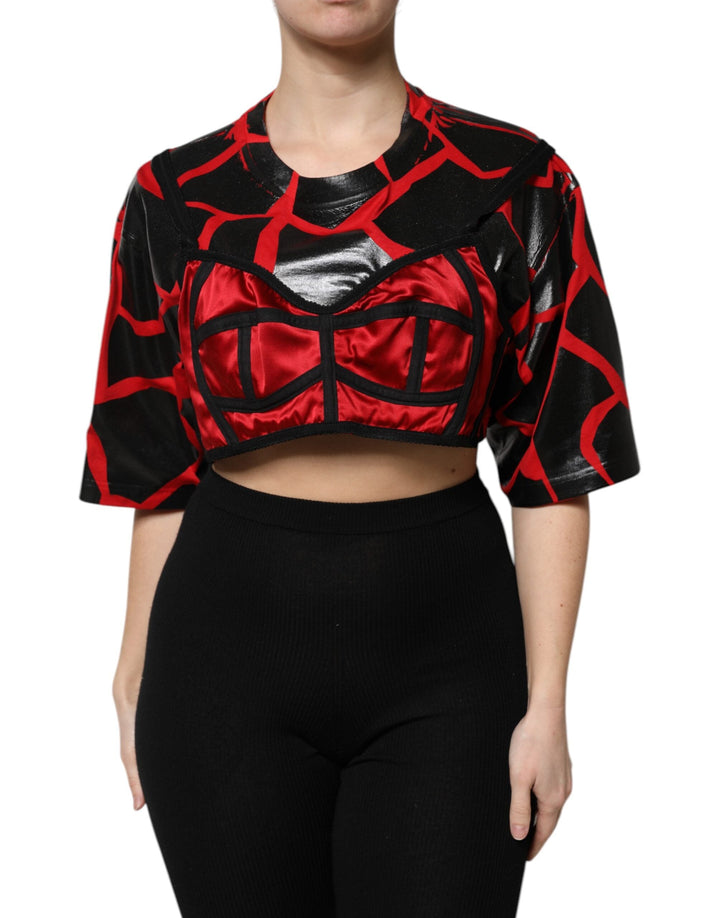 Dolce &amp; Gabbana - Red Black Cotton Bustier Detailing Cropped Top