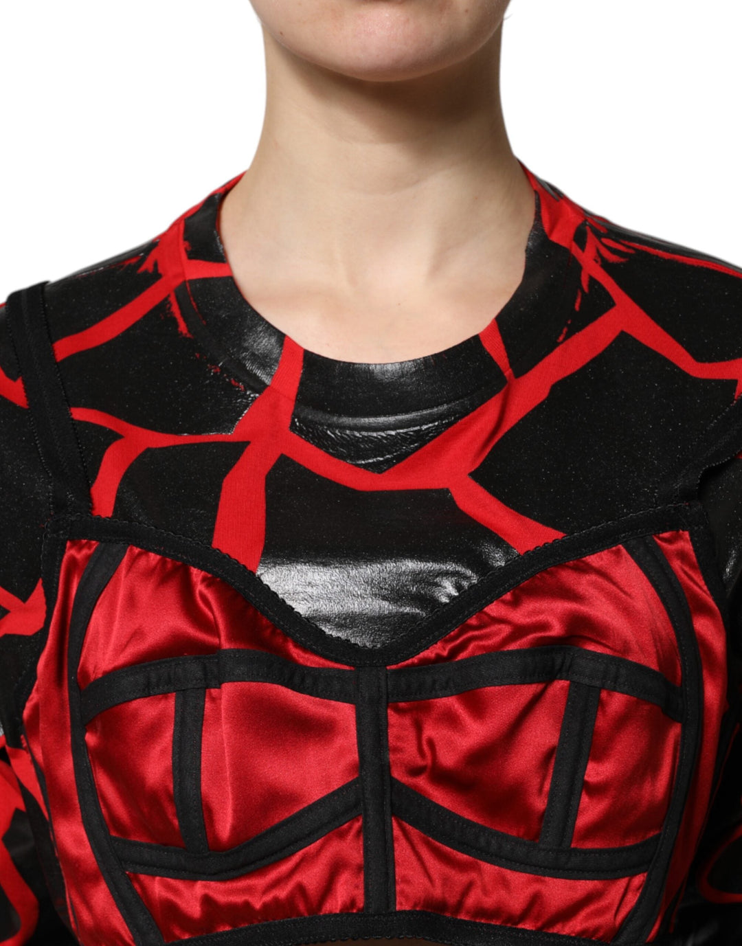 Dolce &amp; Gabbana - Red Black Cotton Bustier Detailing Cropped Top