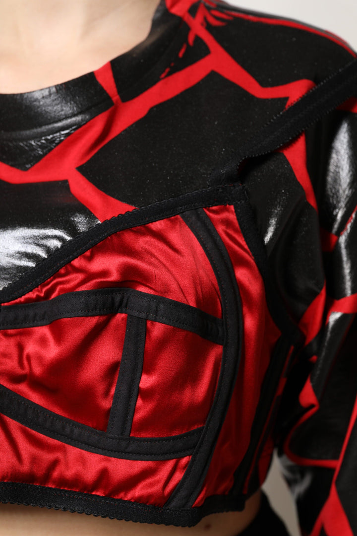 Dolce &amp; Gabbana - Red Black Cotton Bustier Detailing Cropped Top
