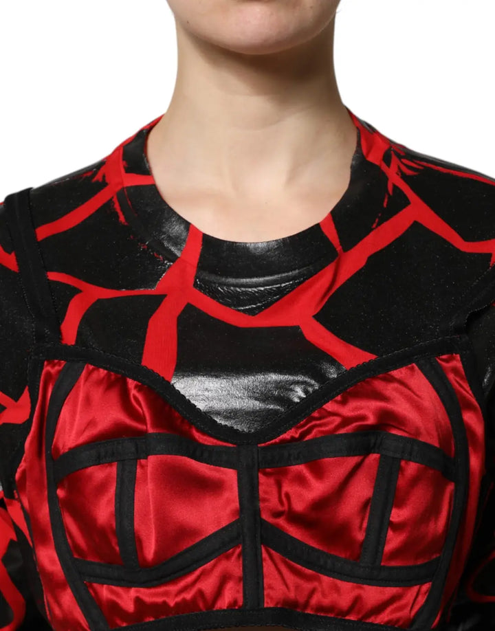 Dolce &amp; Gabbana Red Black Cotton Bustier Detailing Cropped Top