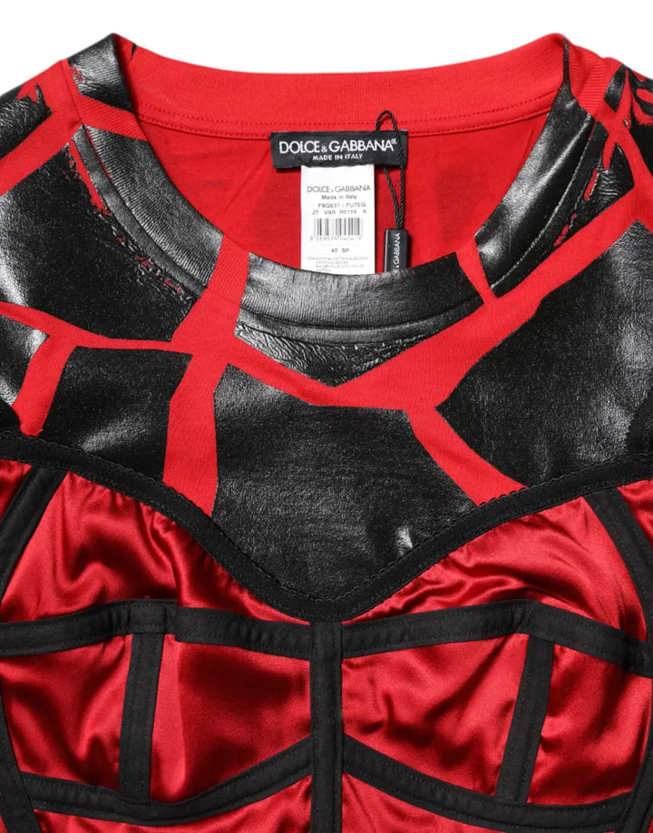 Dolce &amp; Gabbana Red Black Cotton Bustier Detailing Cropped Top