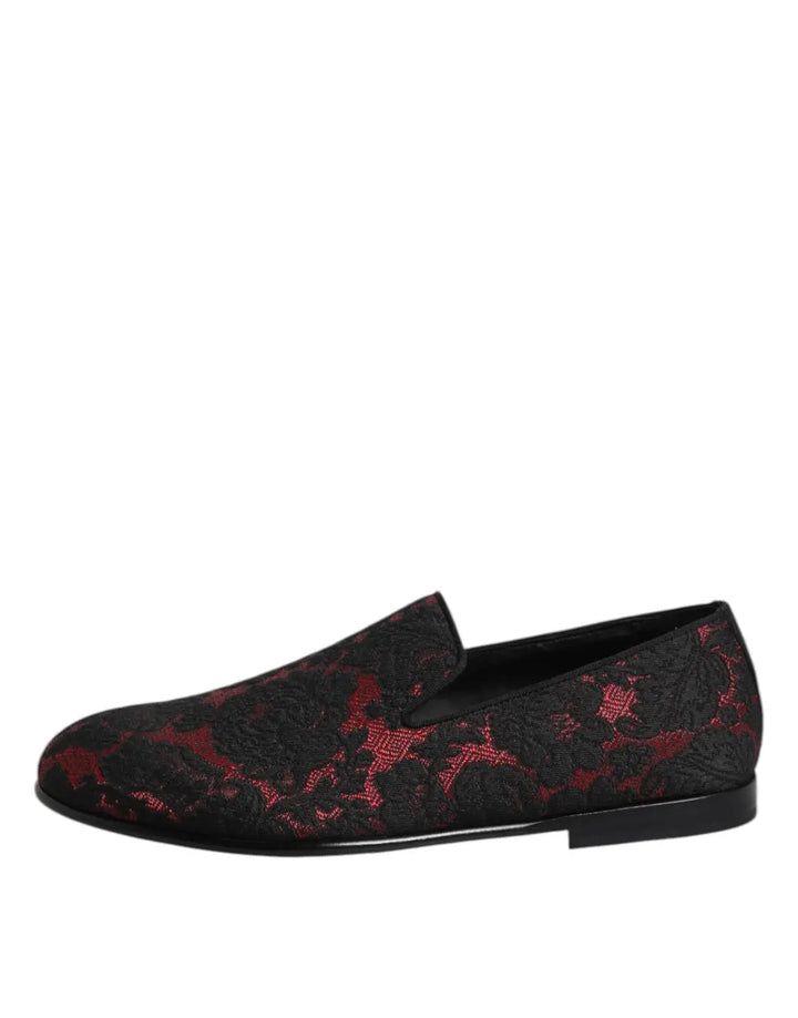 Dolce &amp; Gabbana Red Black Jacquard Slip On Loafers Shoes