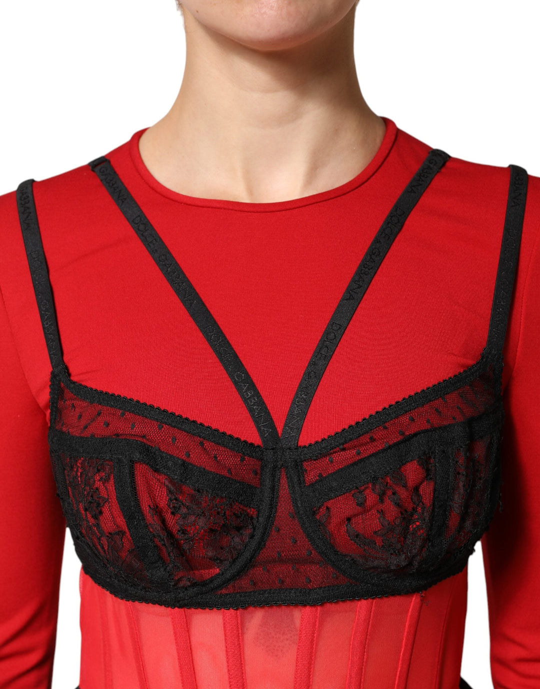 Dolce &amp; Gabbana - Red Black Nylon Bralette-Style Cropped Top