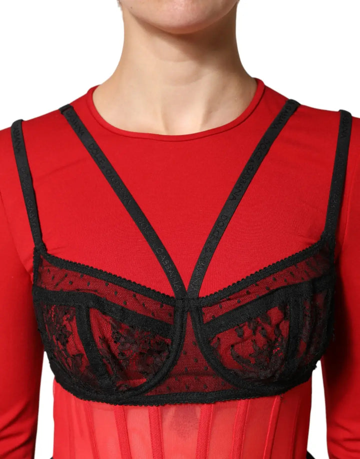 Dolce &amp; Gabbana Red Black Nylon Bralette-Style Cropped Top
