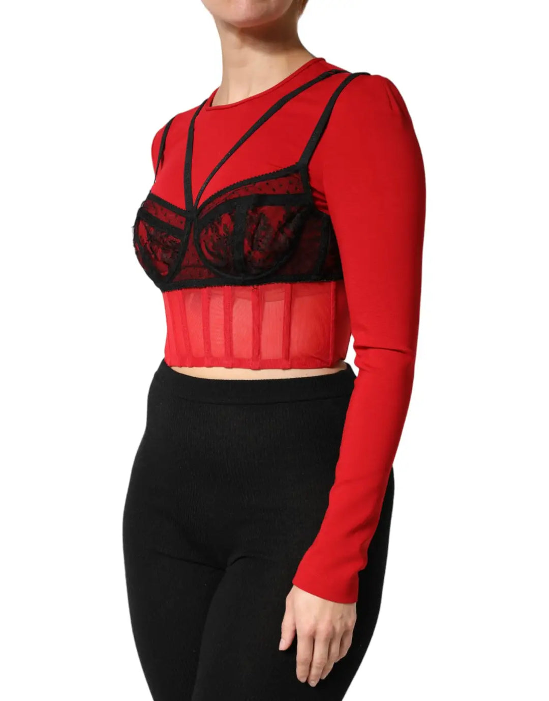Dolce &amp; Gabbana Red Black Nylon Bralette-Style Cropped Top