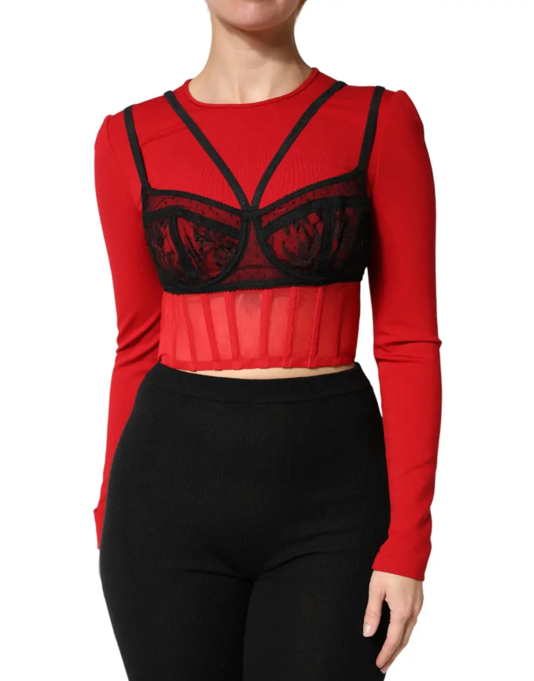 Dolce &amp; Gabbana Red Black Nylon Bralette-Style Cropped Top