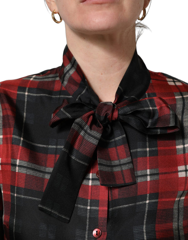 Dolce & Gabbana Blouses - Women’s Red Black Plaid Silk Tie-neck Blouse Top