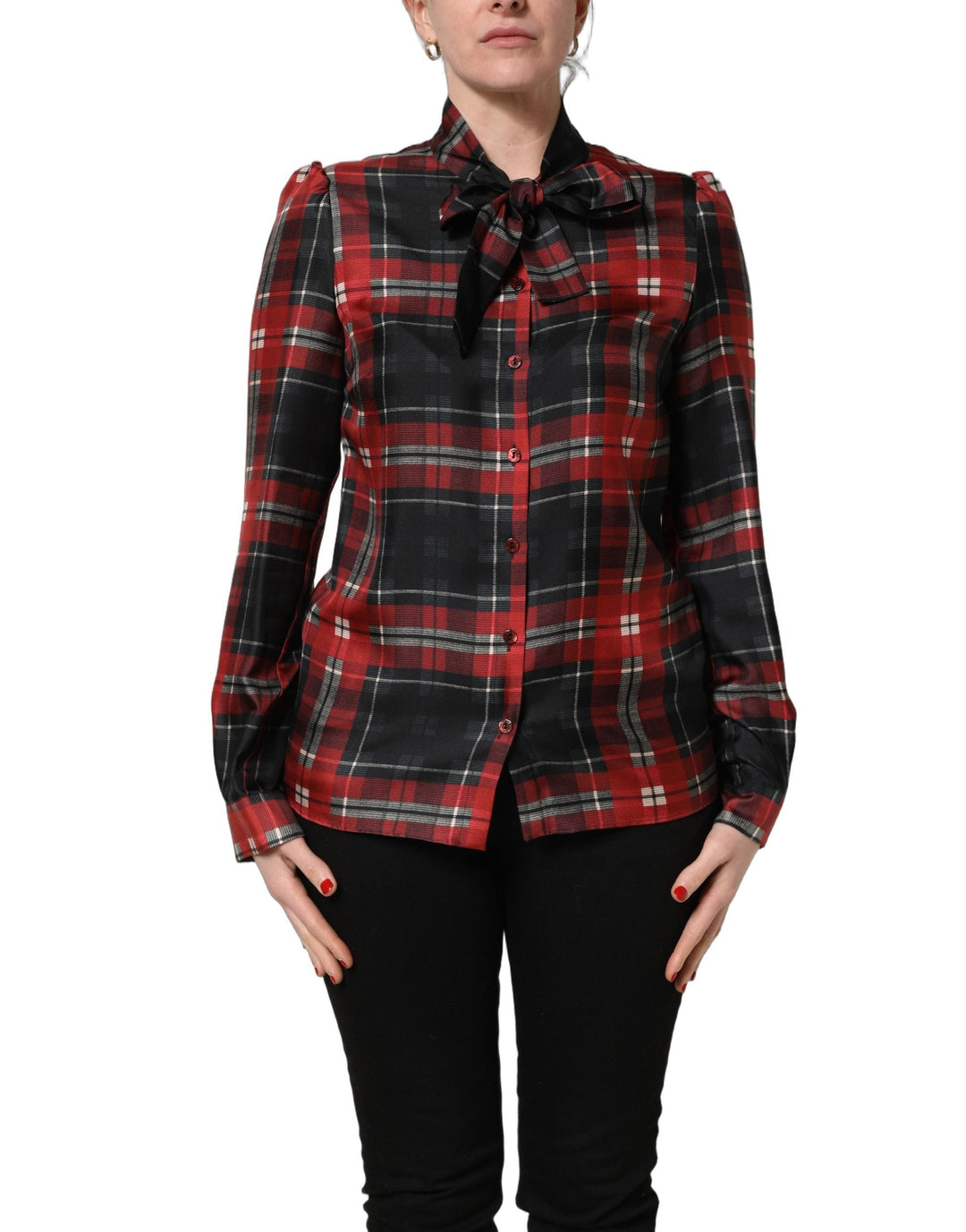 Dolce &amp; Gabbana Blouses - Women’s Red Black Plaid Silk Tie-neck Blouse Top
