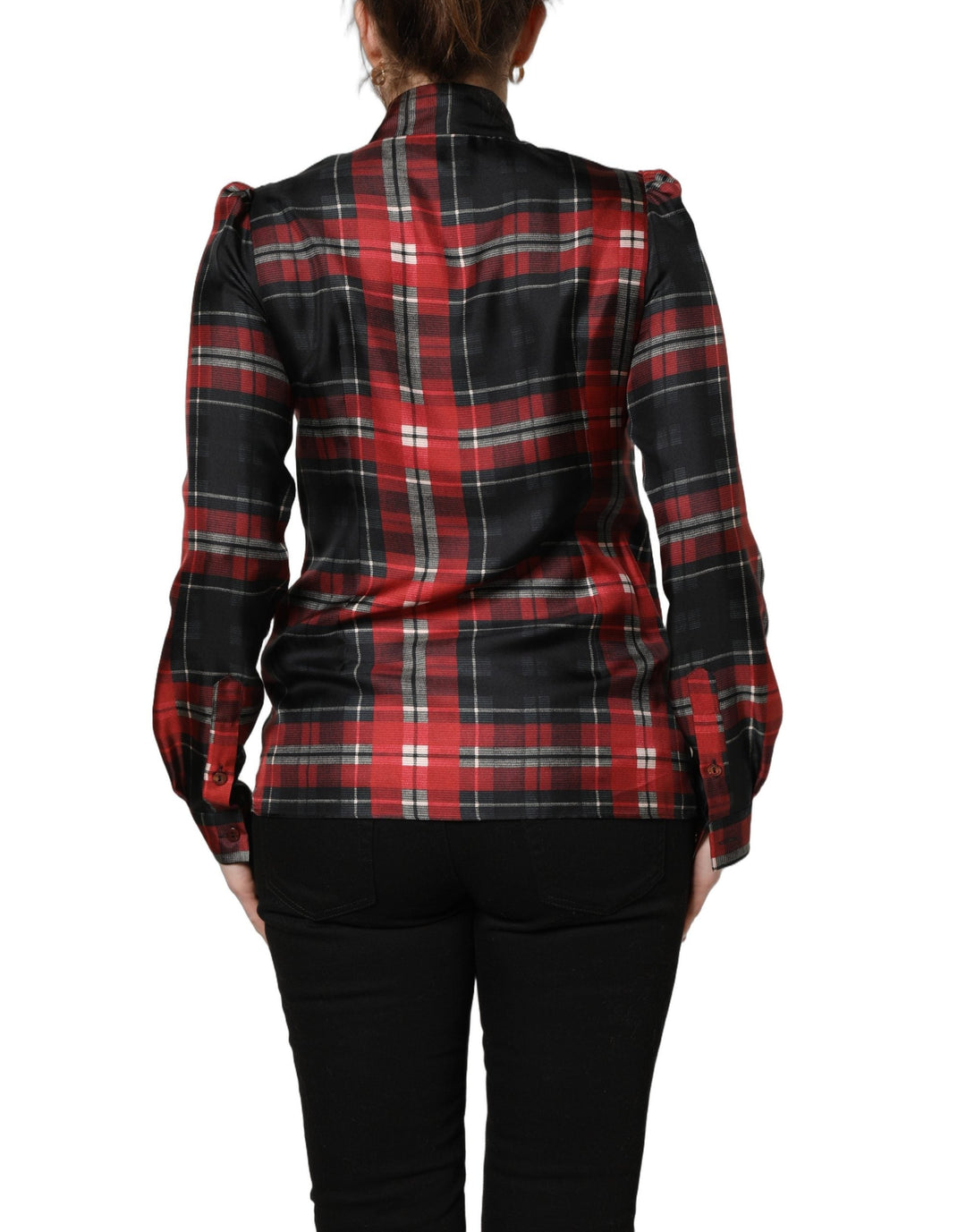 Dolce &amp; Gabbana Blouses - Women’s Red Black Plaid Silk Tie-neck Blouse Top