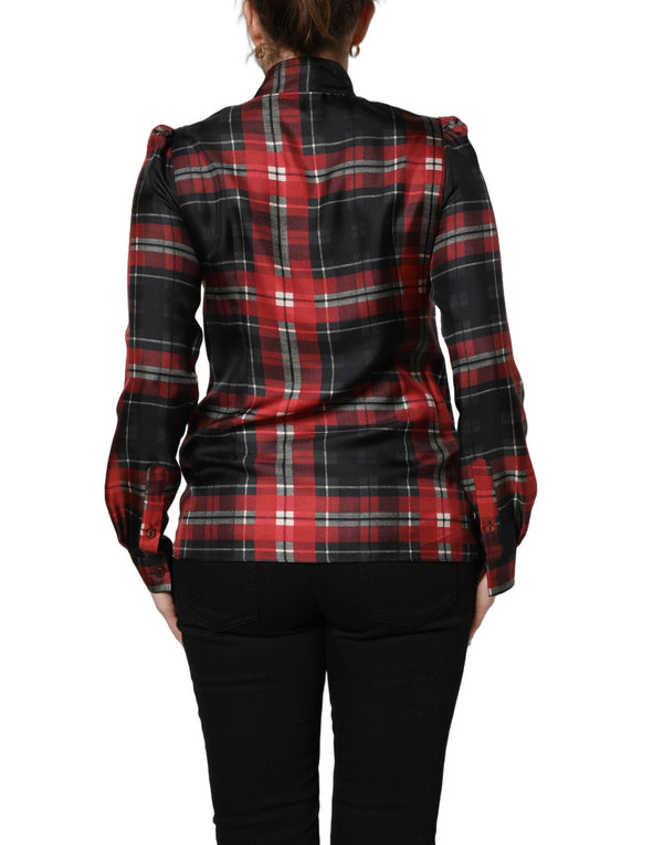 Dolce & Gabbana Blouses - Women’s Red Black Plaid Silk Tie-neck Blouse Top