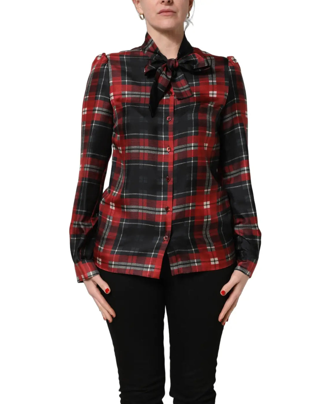 Dolce &amp; Gabbana Red Black Plaid Silk Tie-Neck Blouse Top