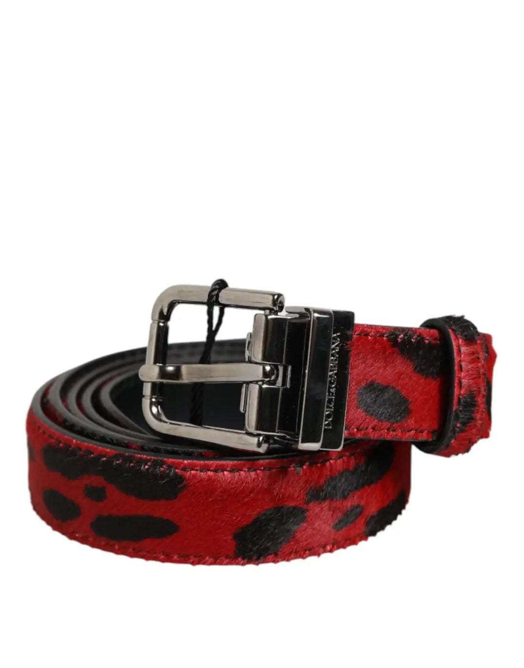 Dolce &amp; Gabbana Red Black Pony Leather Metal Buckle Men Belt