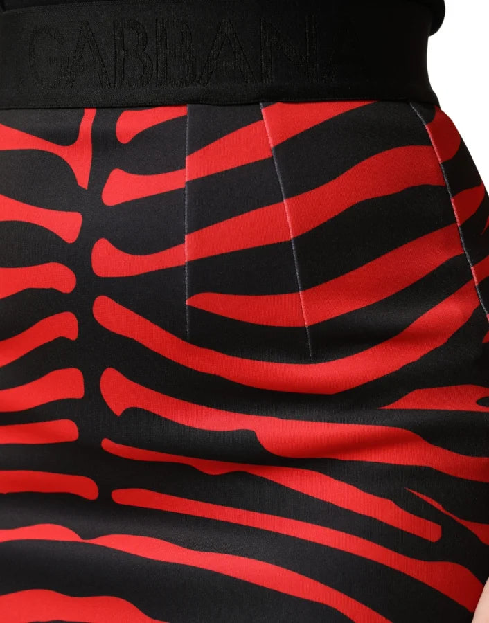 Dolce &amp; Gabbana Red Black Zebra Print Polyester Pencil Midi Skirt