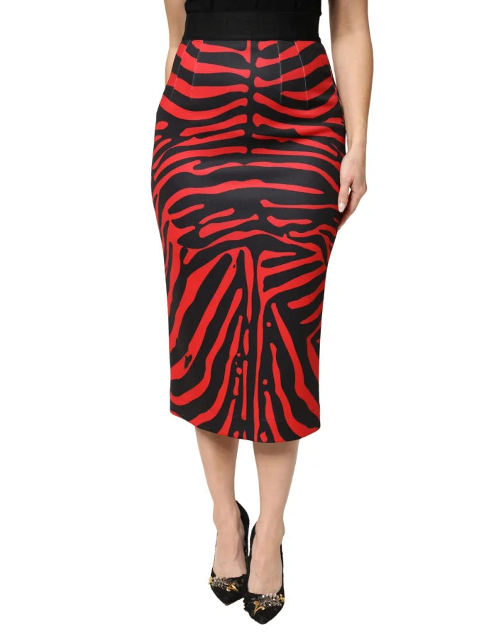 Dolce &amp; Gabbana Red Black Zebra Print Polyester Pencil Midi Skirt