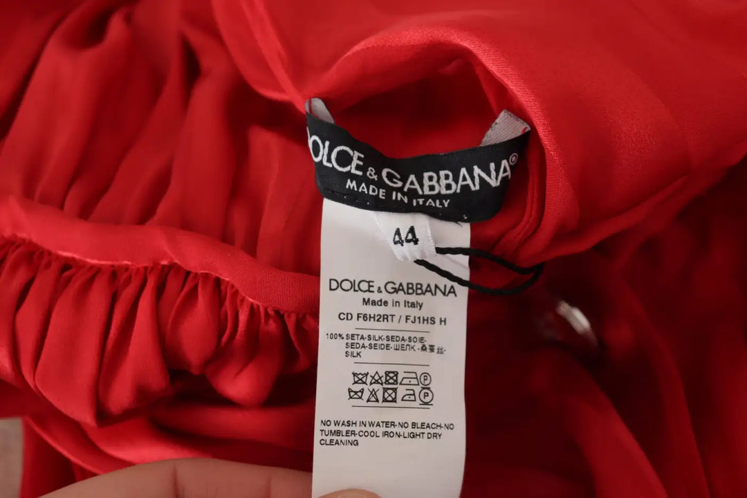 Dolce &amp; Gabbana Red Button Down Belted Midi Satin Silk Dress