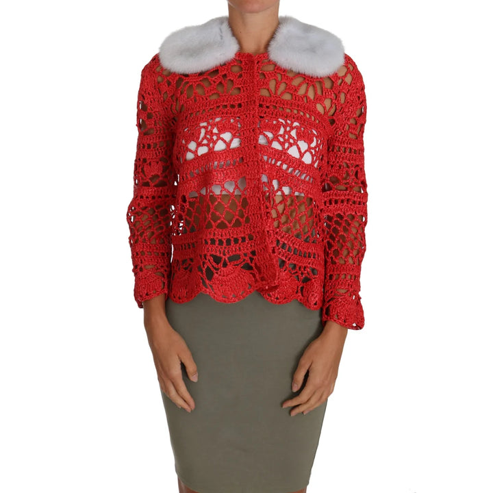 Dolce & Gabbana Red Cardigan Crochet Knit Raffia Sweater