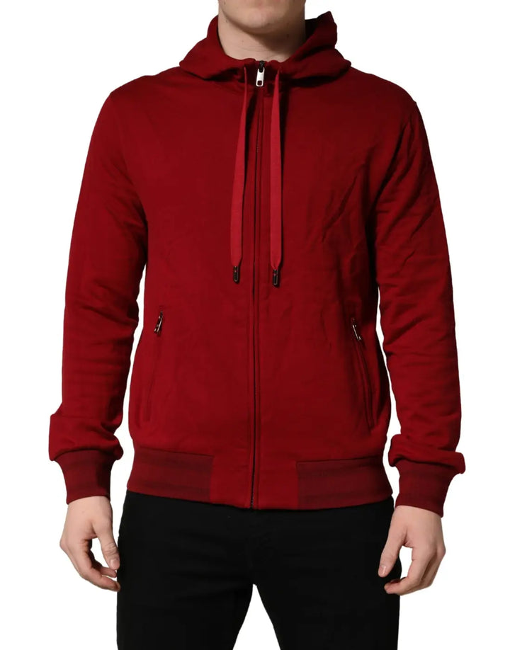 Dolce &amp; Gabbana Red Cotton Full Zip Fleece Men Hoodie Sweater