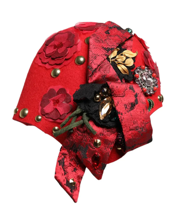 Dolce &amp; Gabbana Red Crystal Gold Roses Brooch Embellished Hat