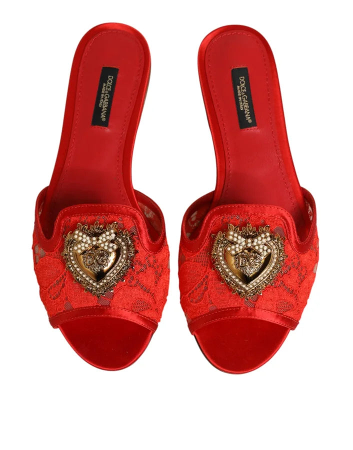 Dolce &amp; Gabbana Red Devotion Lace Flats Slip On Sandals Shoes
