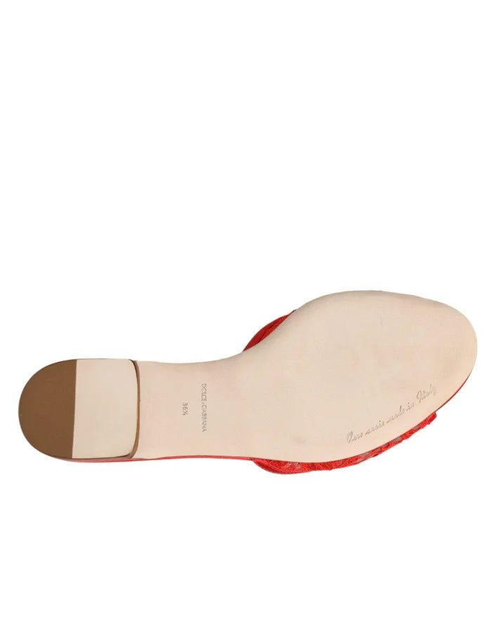 Dolce &amp; Gabbana Red Devotion Lace Flats Slip On Sandals Shoes