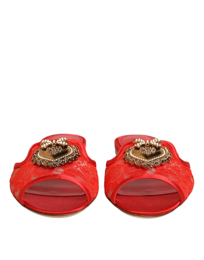 Dolce &amp; Gabbana Red Devotion Lace Flats Slip On Sandals Shoes
