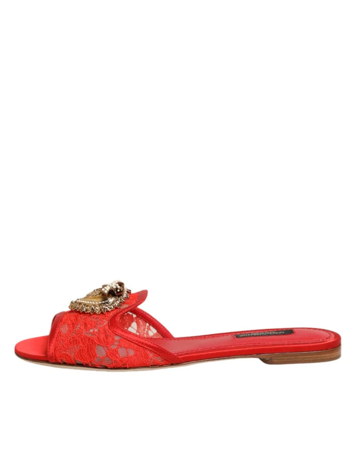 Dolce &amp; Gabbana Red Devotion Lace Flats Slip On Sandals Shoes