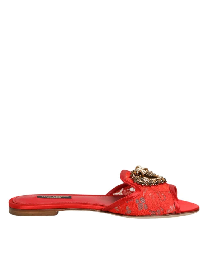 Dolce &amp; Gabbana Red Devotion Lace Flats Slip On Sandals Shoes