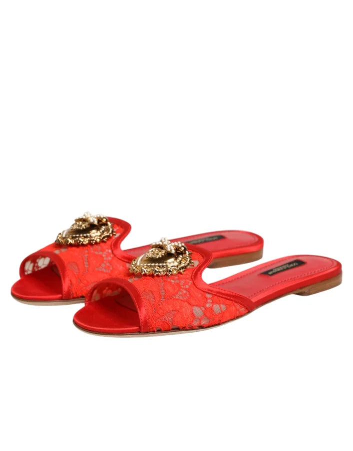Dolce &amp; Gabbana Red Devotion Lace Flats Slip On Sandals Shoes
