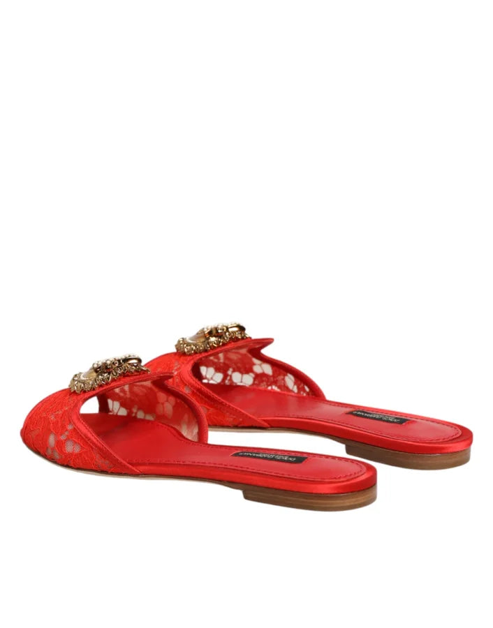 Dolce &amp; Gabbana Red Devotion Lace Flats Slip On Sandals Shoes