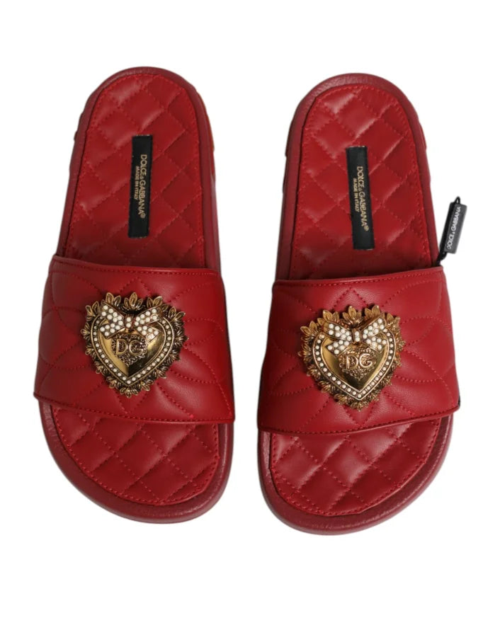 Dolce &amp; Gabbana Red Devotion Matelassé Leather Slides Shoes