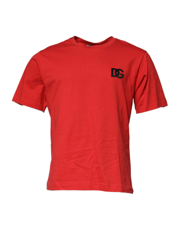 Dolce &amp; Gabbana Red Dg Logo Patch Cotton Crew Neck T-shirt