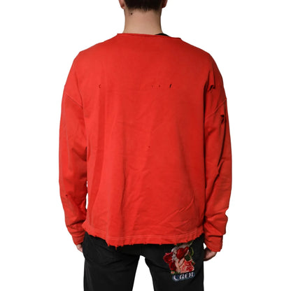 Dolce & Gabbana Red Distressed Cotton V-Neck Sweatshirt Men Sweater