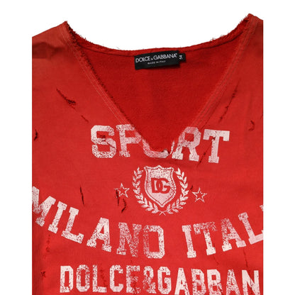 Dolce & Gabbana Red Distressed Cotton V-Neck Sweatshirt Men Sweater