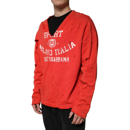 Dolce & Gabbana Red Distressed Cotton V-Neck Sweatshirt Men Sweater