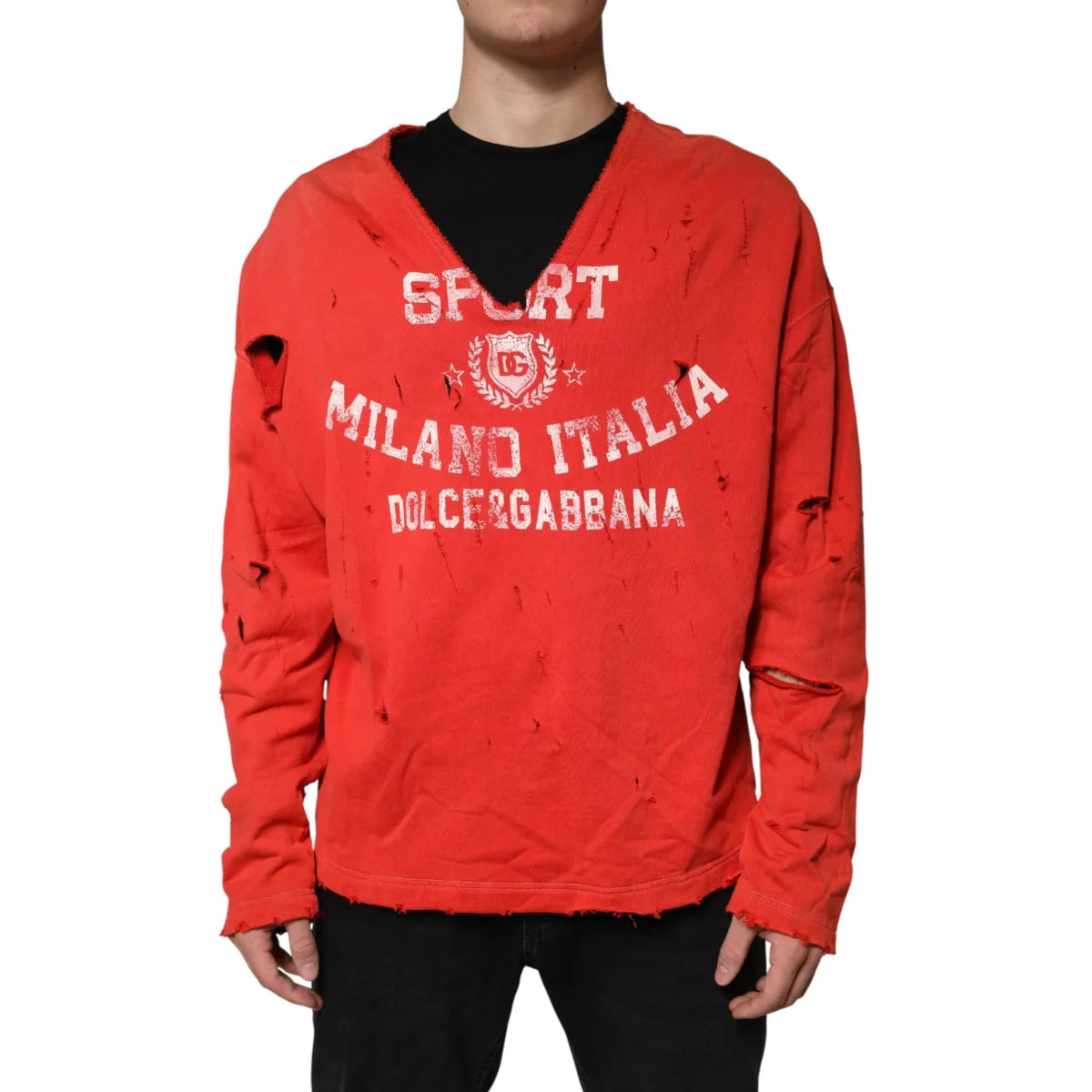Dolce & Gabbana Red Distressed Cotton V-Neck Sweatshirt Men Sweater