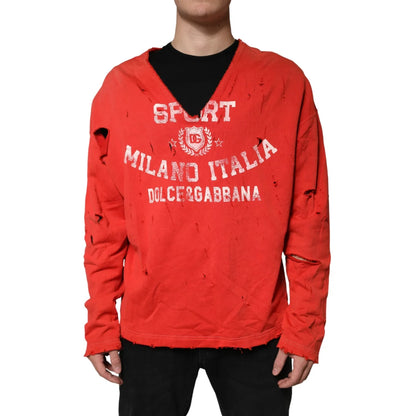 Dolce & Gabbana Red Distressed Cotton V-Neck Sweatshirt Men Sweater