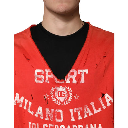 Dolce & Gabbana Red Distressed Cotton V-Neck Sweatshirt Men Sweater