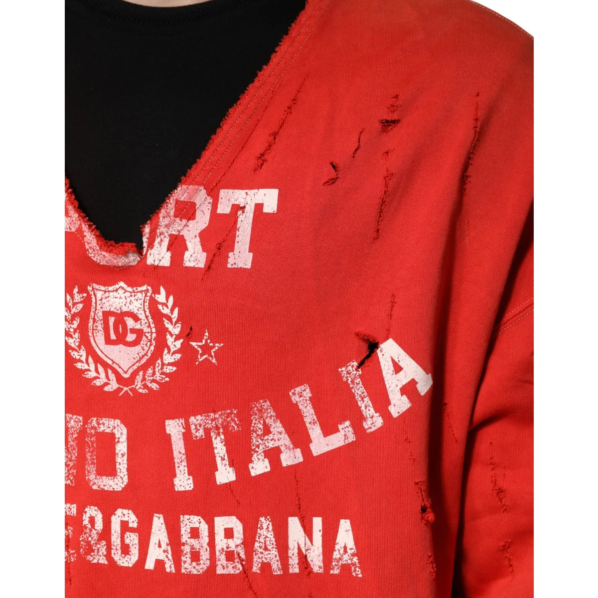 Dolce & Gabbana Red Distressed Cotton V-Neck Sweatshirt Men Sweater