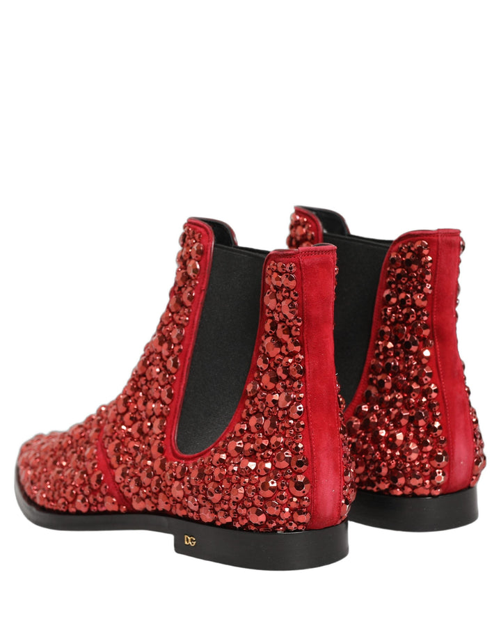Dolce &amp; Gabbana Red Embellished Chelsea Ankle Boots Shoes
